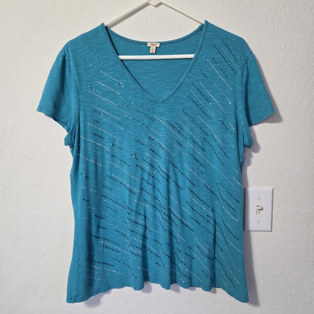 Reba Blue Short Sleeve Rhinestone Top Size L